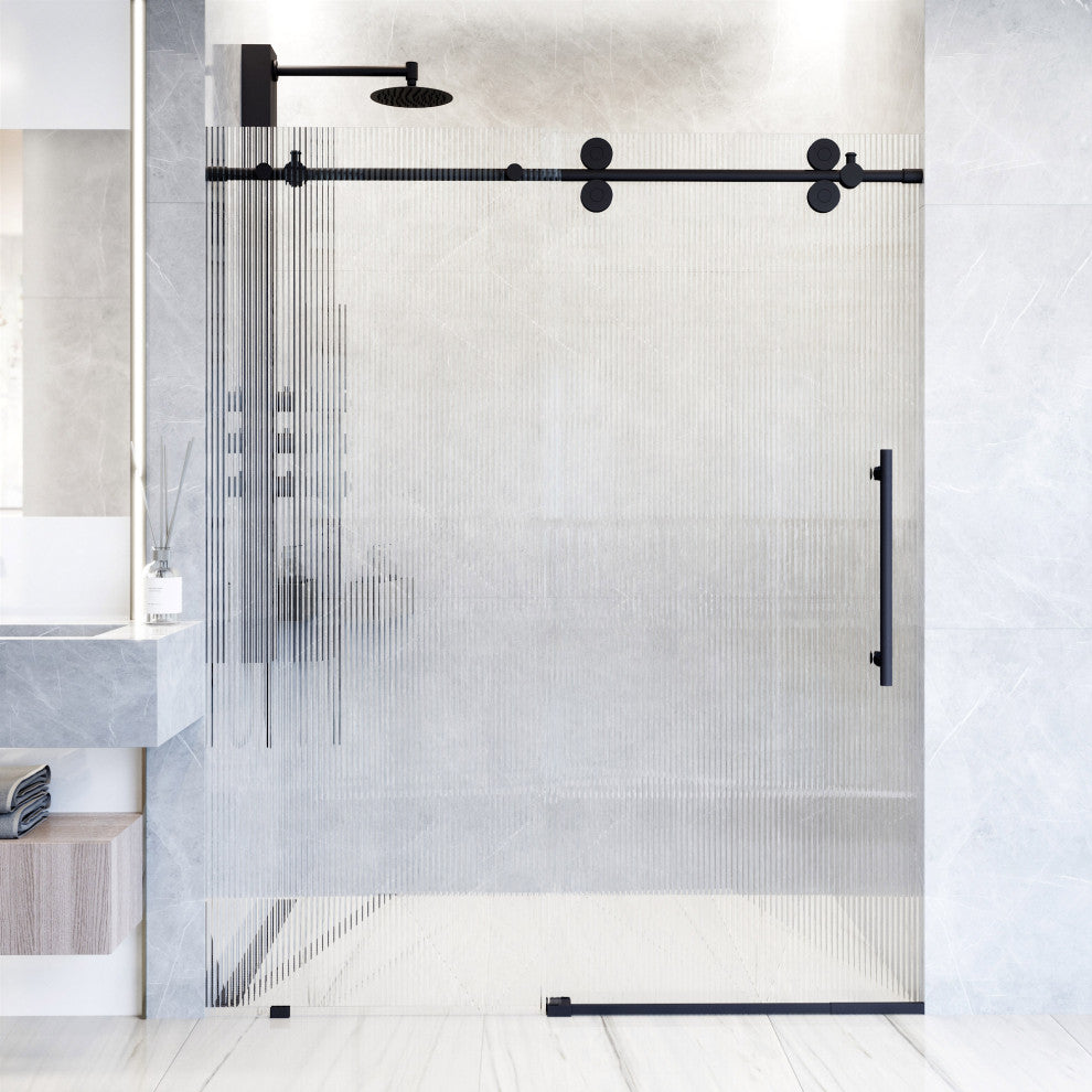 VIGO Elan 56" to 60" W x 74" H Frameless Sliding Shower Door, Matte Black, Right, Fluted Glass