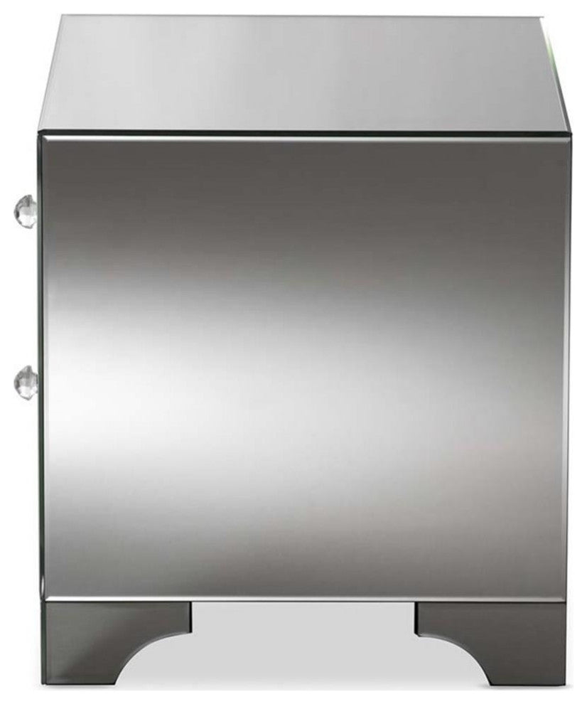 Hawthorne Collection Mirrored 2 Drawer Nightstand in Silver