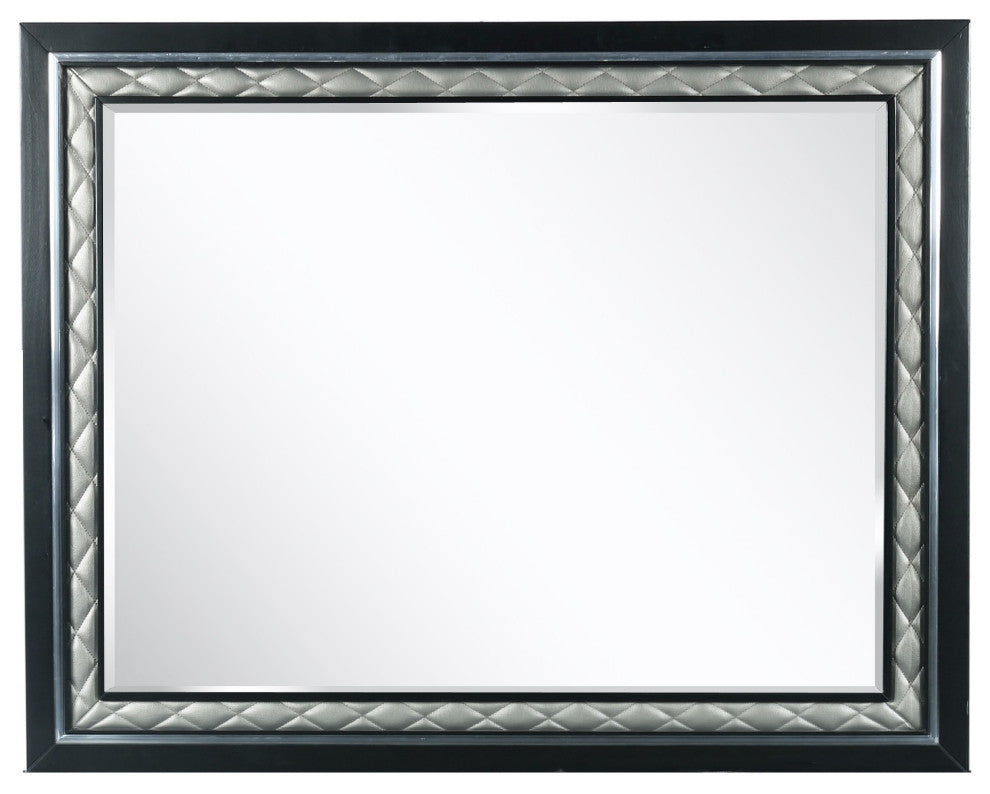 Benzara BM271442 Rectangular Mirror With Diamond Stitching, Silver and Black