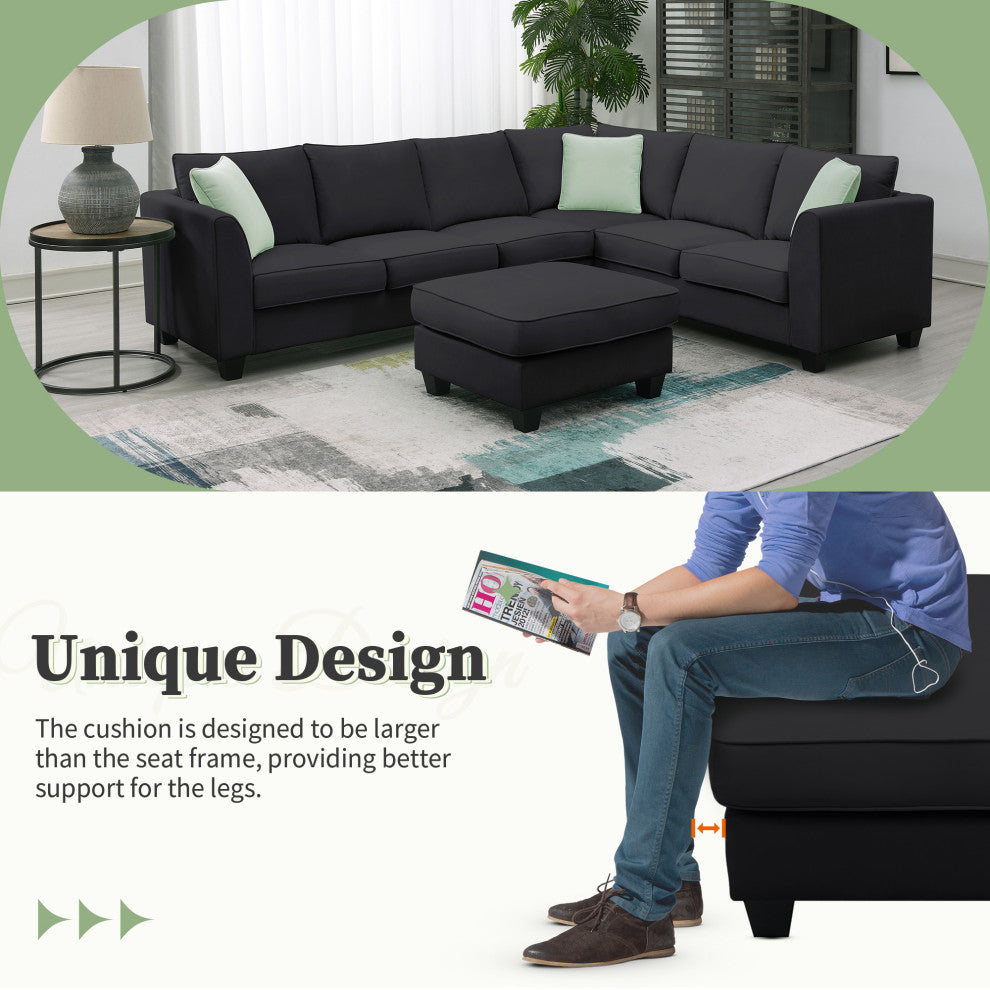 7-Seat Fabric Modular Sectional Sofa Couch Set with Ottoman and Pillows, Black