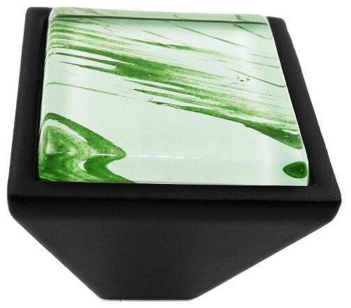 Hand Brushed Random Green Strokes Crystal Glass Black Metal Square Frustum Knob
