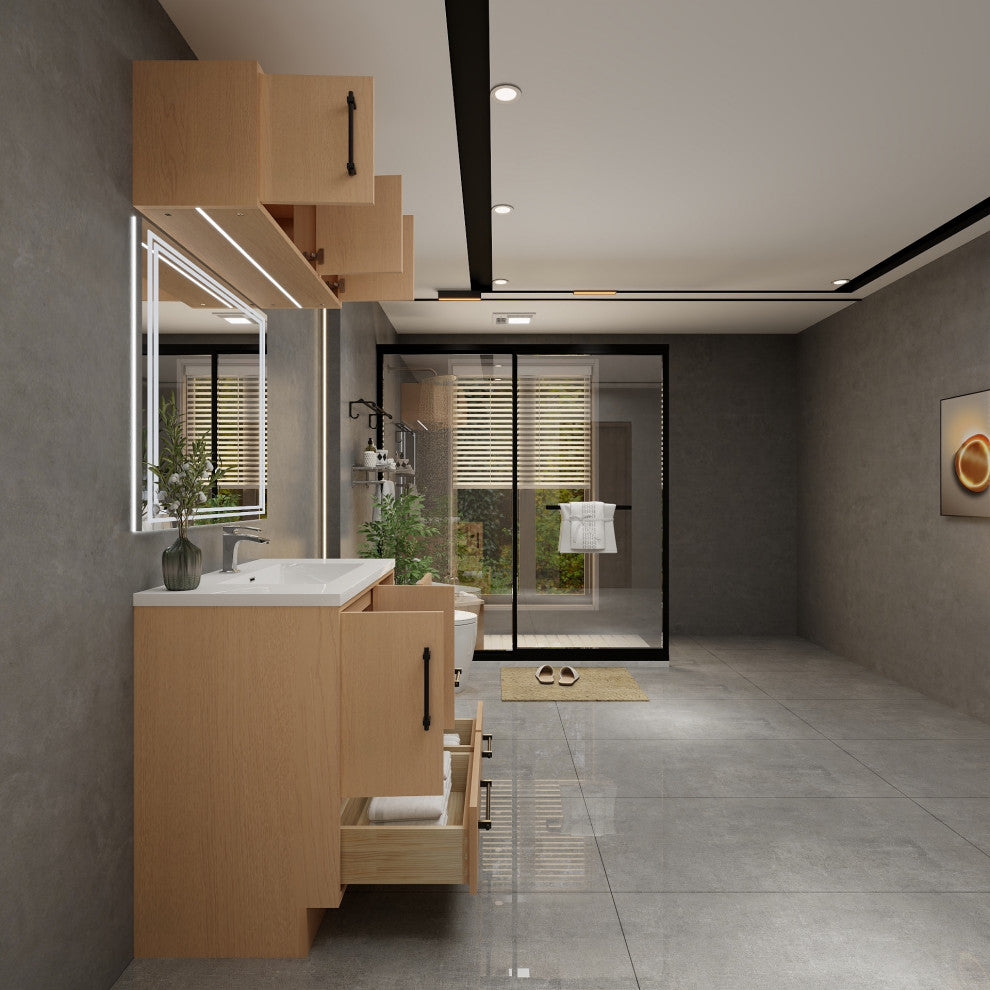 Victoria 36" Solid Wood Bath Vanity, Overhead Cabinet, Yellow Oak