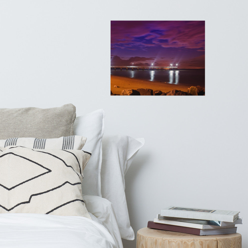 The Pier at Woodland Beach Night Coastal Photo Unframed Wall Art Print, 16" X 20"