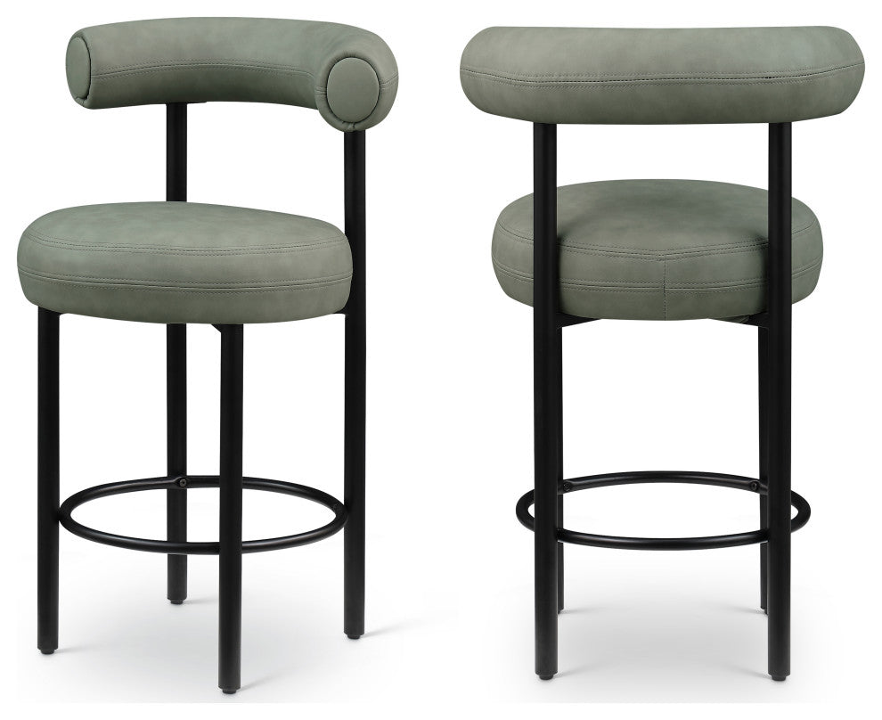 Bordeaux Upholstered Stool, Green, Vegan Leather, Matte Black, Set of 2