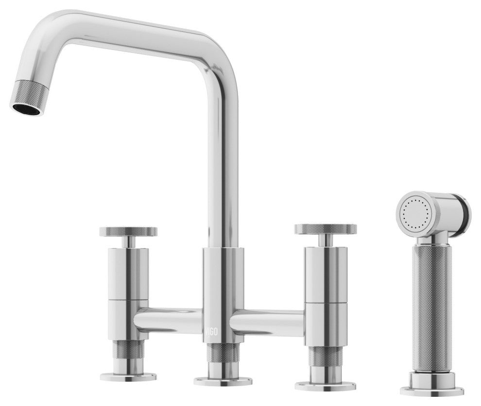 VIGO Cass 12" H 2-Handle Widespread Bridge Pull-Out Sprayer Kitchen Faucet, Chrome