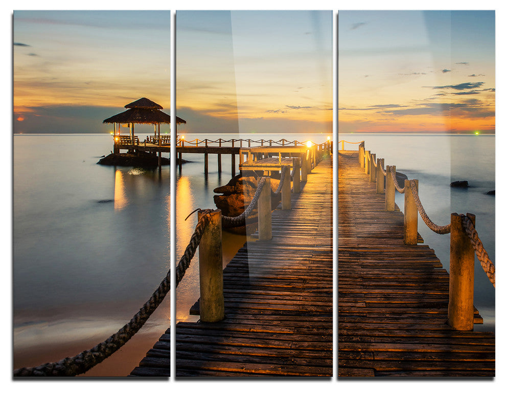 "Brown Wooden Pier in Evening" Photo Metal Wall Art, 3 Panels, 36"x28"