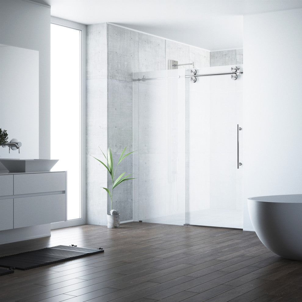 VIGO Elan 56" to 60" W x 74" H Frameless Sliding Shower Door, Stainless Steel, Right, Frosted Glass