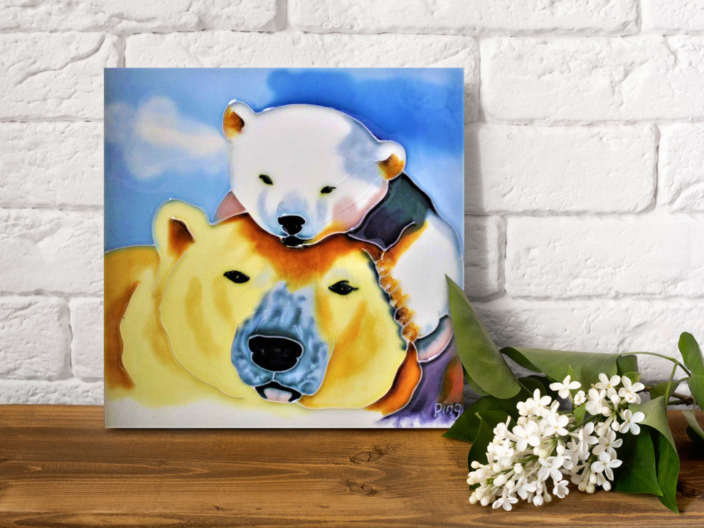 8x8" Mom and Baby Polar Bear Ceramic Art Tile Hand Painted Trivet Hot Plate