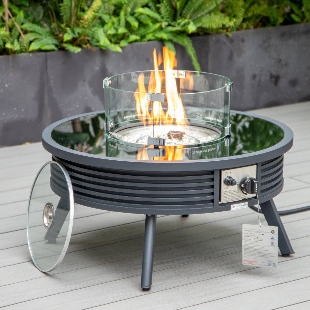 LeisureMod Walbrooke Round Fire Pit Table and Tank Holder With Slats, Black