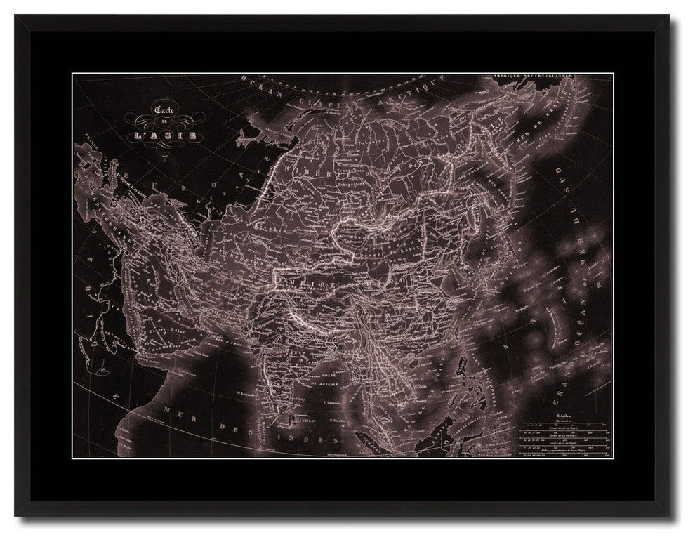 Asia Vintage Vivid Sepia Map Print On Canvas With Black Custom Frame, 28" X 37"