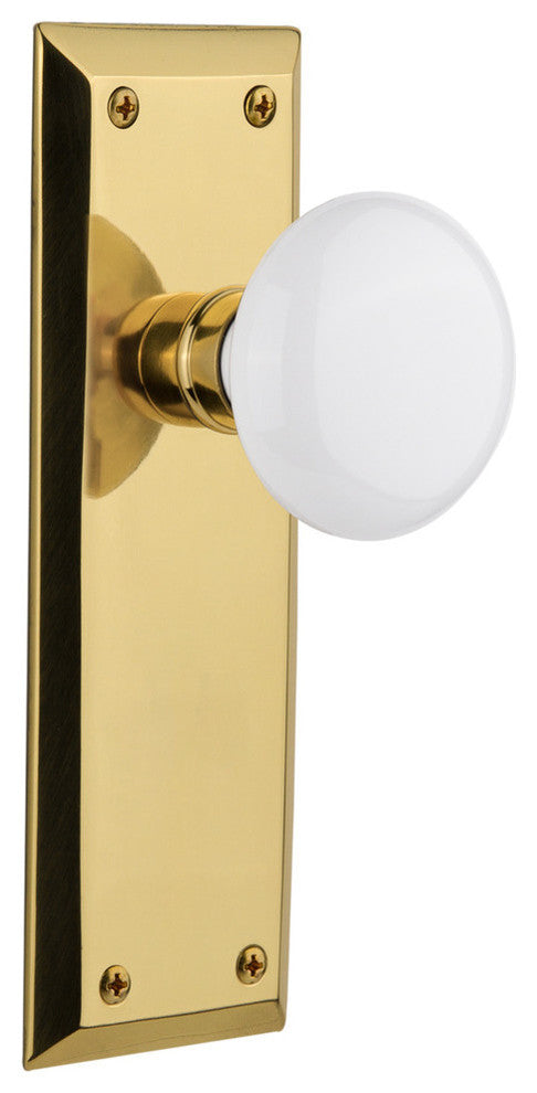 New York Plate Privacy White Porcelain Knob, Polished Brass