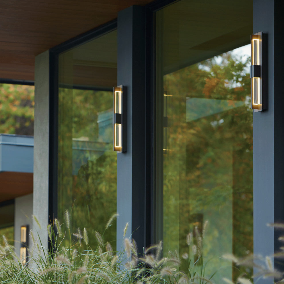 Double Axis Small LED Outdoor Sconce, Coastal Dark Smoke Finish, Clear Glass