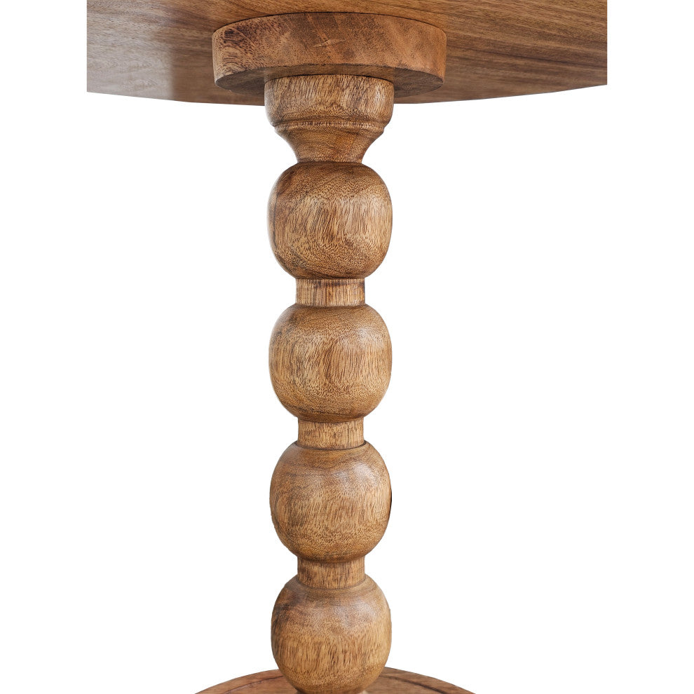 21" Side End Table Round Top Stacked Ball Post Natural Brown Mango Wood