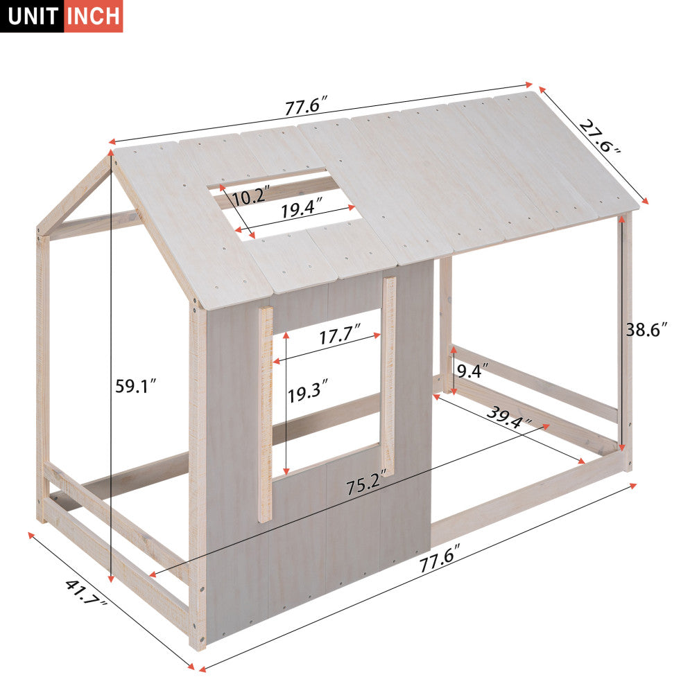 Gewnee Twin Size House Platform with Roof and Window , In Grey