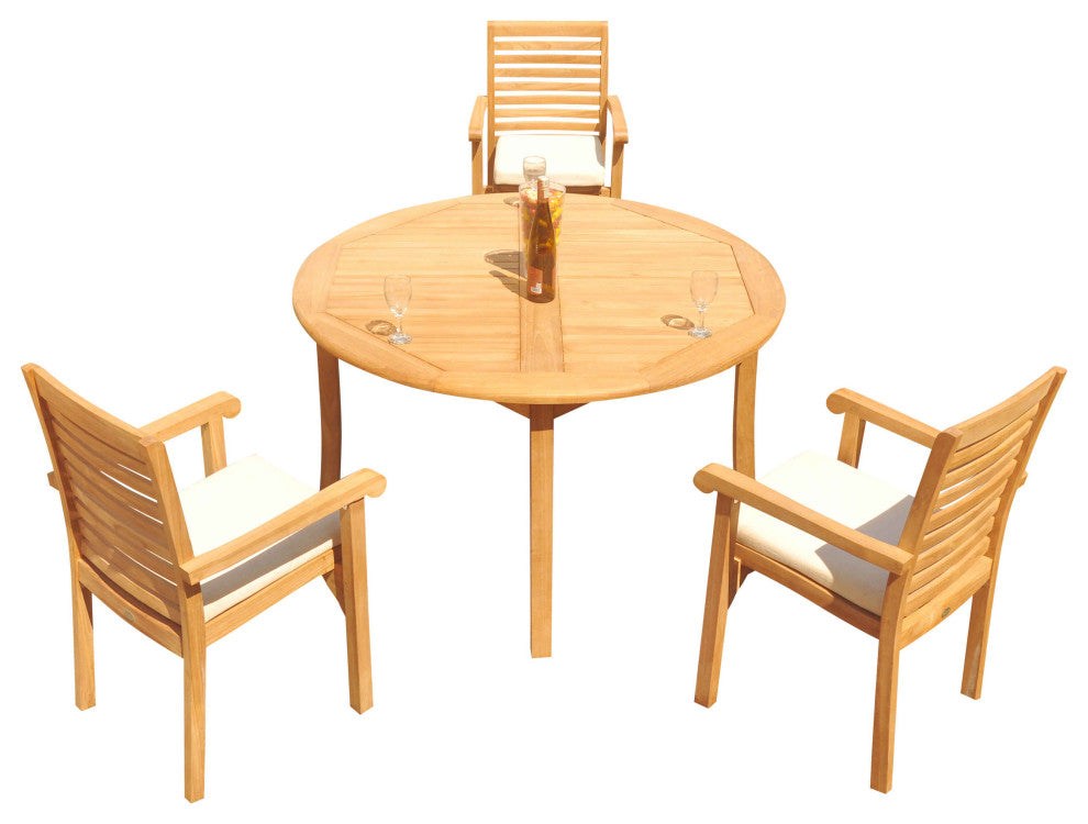 4-Piece Outdoor Teak Dining Set: 52" Round Table, 3 Hari Stacking Arm Chairs