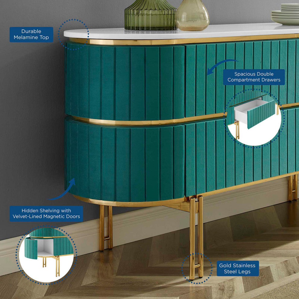 Console Entry Table Sideboard, White Teal Blue, Velvet, Modern Lounge Cafe