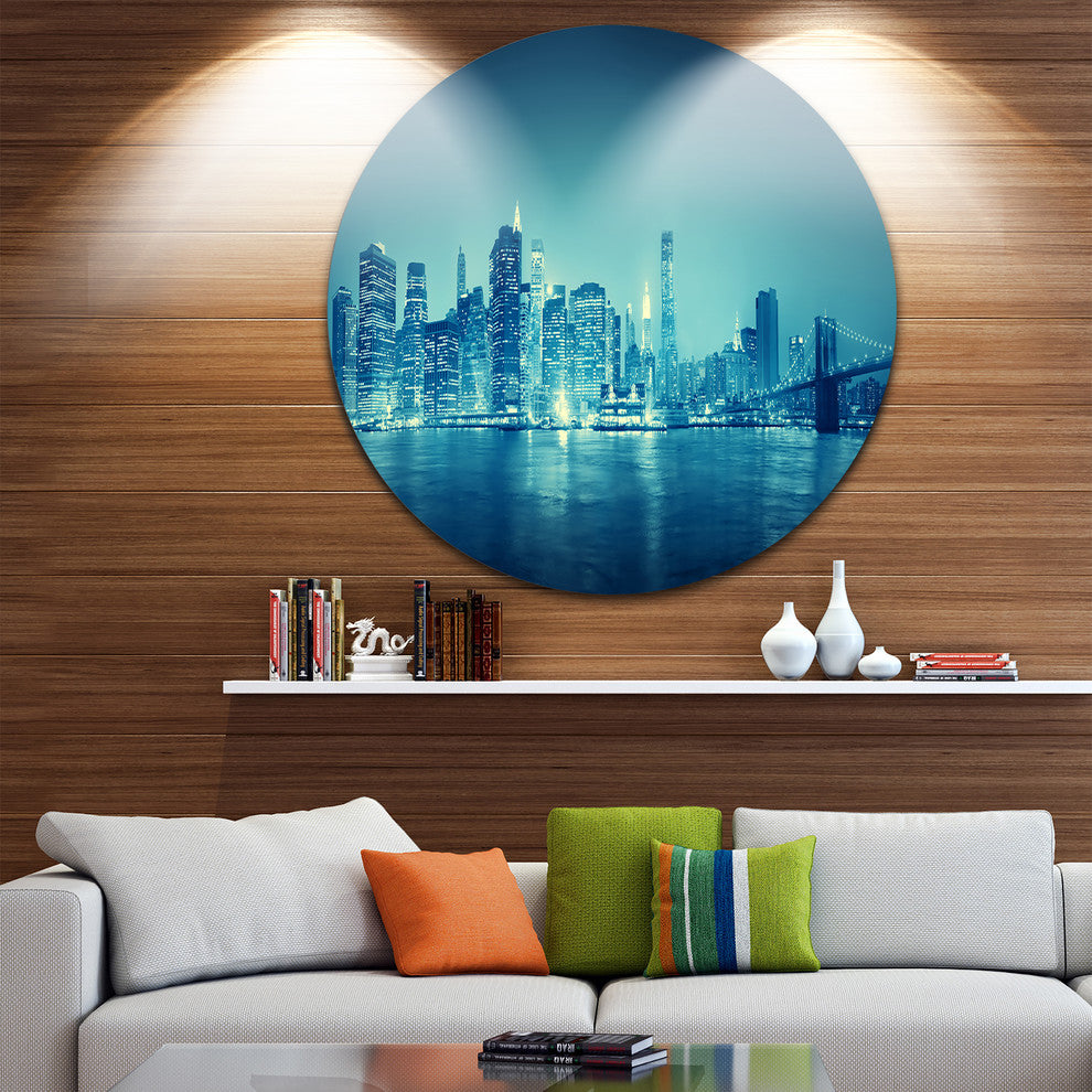 Blue New York At Night, Cityscape Digital Art Disc Metal Wall Art, 23"