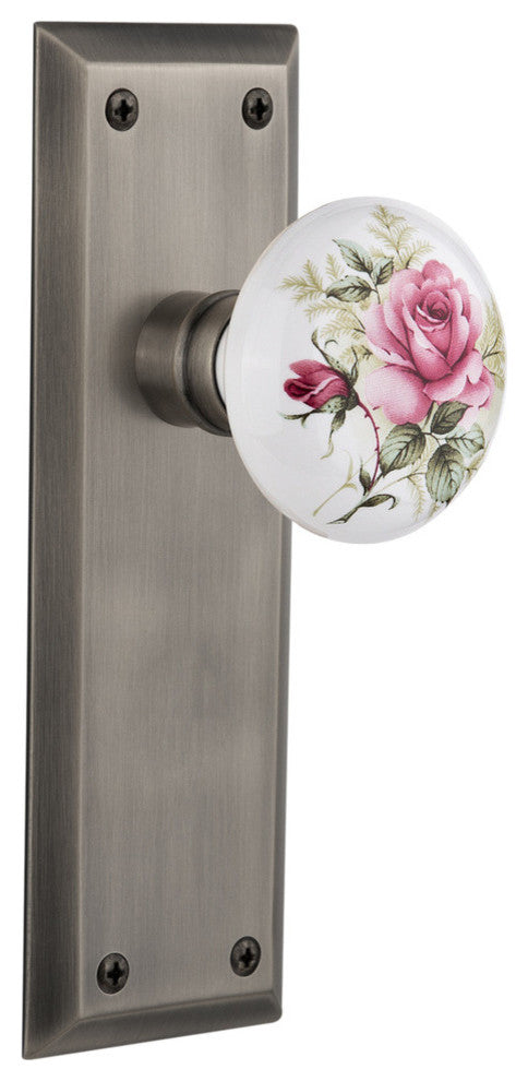 New York Plate Passage White Rose Porcelain Knob, Antique Pewter