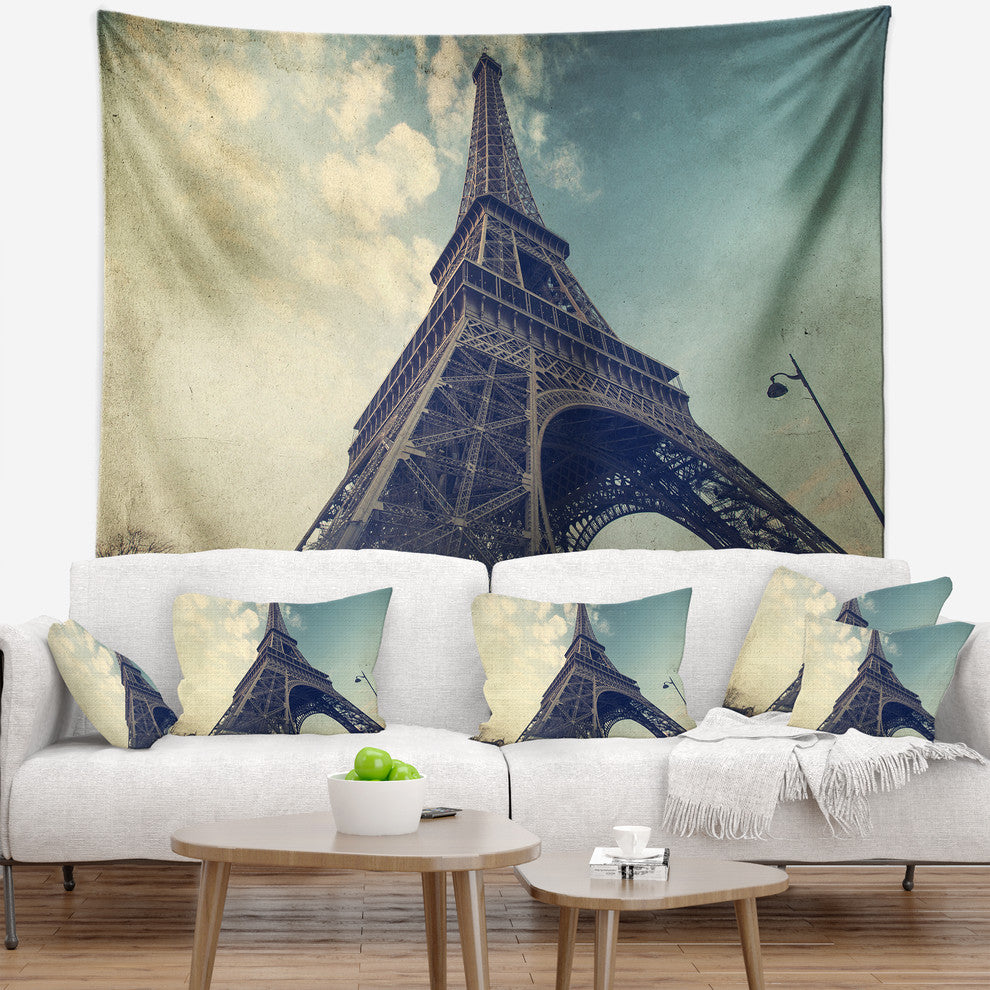 Paris Paris Eiffel TowerVintage View from Ground Wall Tapestry, 60"x50"