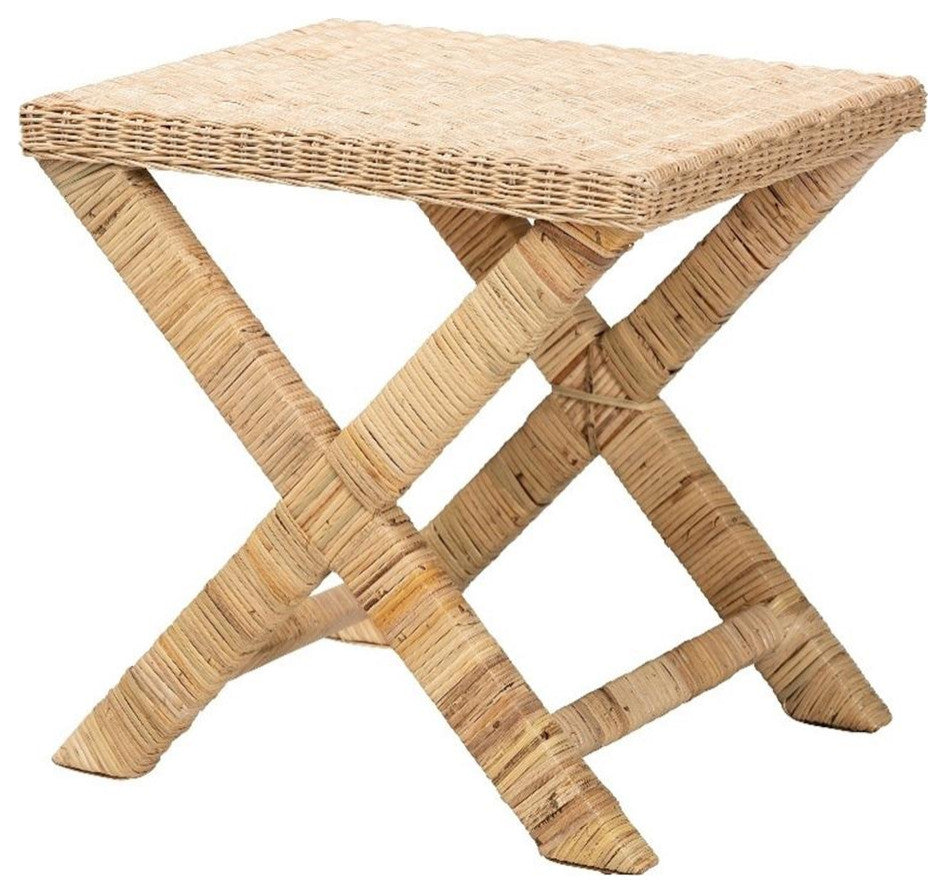 Farica Modern Bohemian Natural Rattan And Mahogany Accent Bench