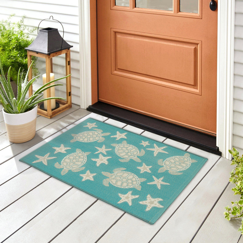 Esencia Turtle And Stars Indoor/Outdoor Mat, Aqua, 2'5" X 3'11"