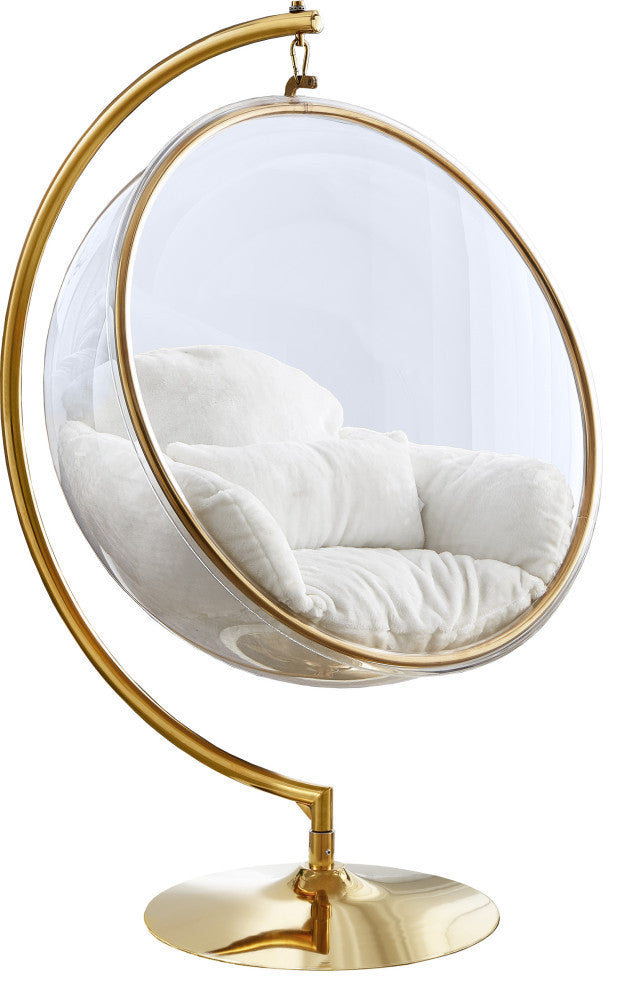 Luna Metal Acrylic Swing Bubble Accent Chair With Stand, White, Faux Fur