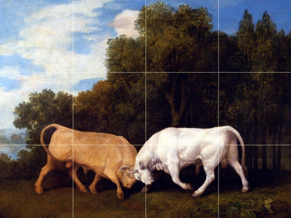 Tile Mural, Bulls Fighting Livestock Ceramic Glossy