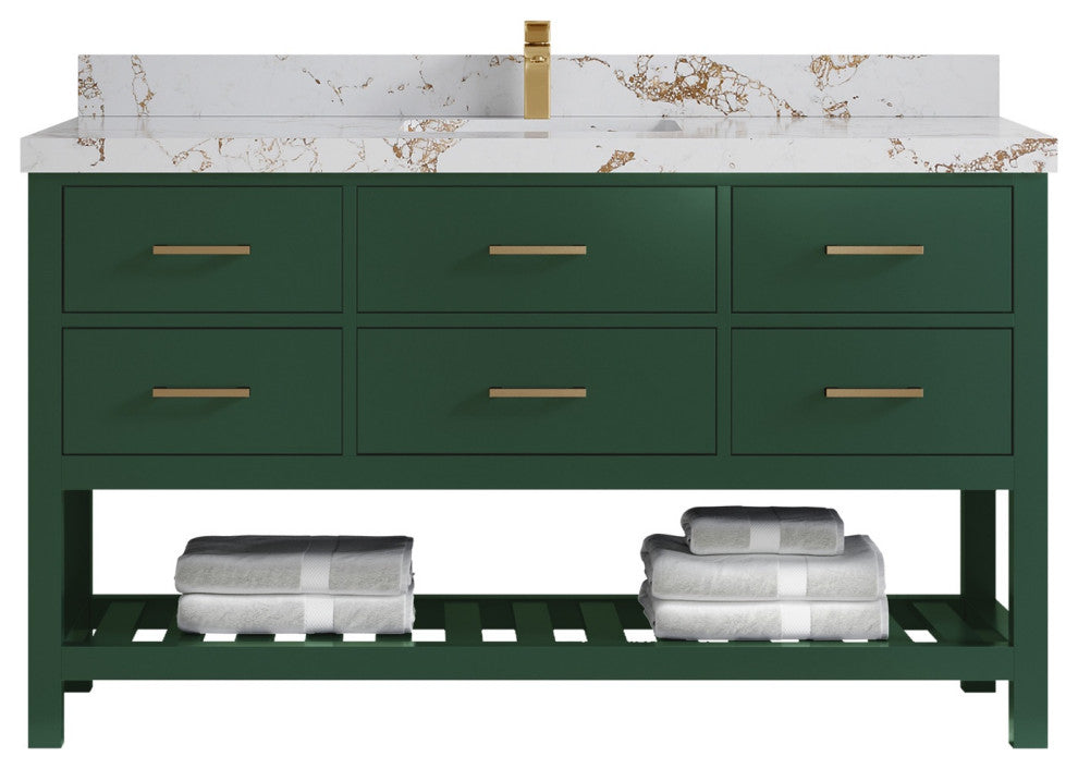 Parker 60" Single Sink Bath Vanity, Lafayette Green 2" Viola Gold