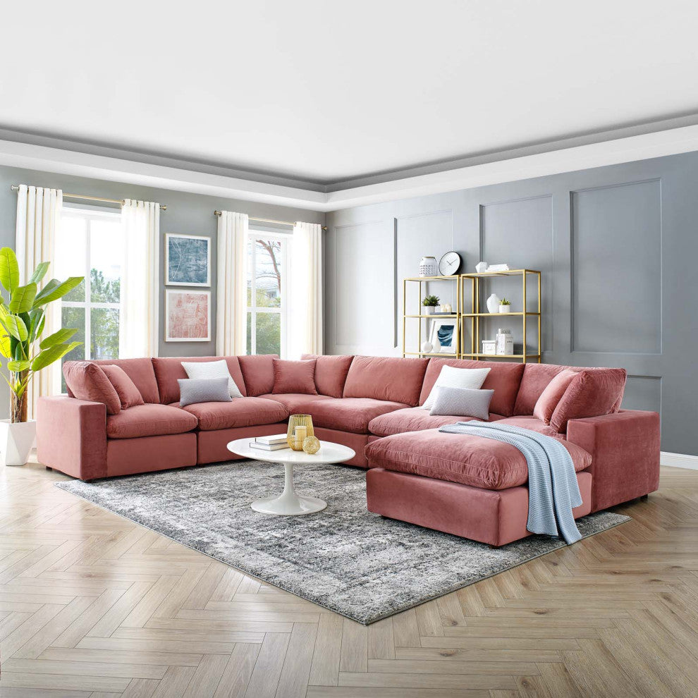 Down Filled Overstuffed Performance Velvet 7Piece Sectional Sofa-Dusty Rose
