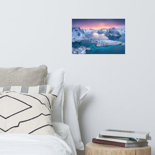 Reine at Winter Sunset Icy Mountain Landscape Photo Loose Wall Art Prints, 12" X 18"