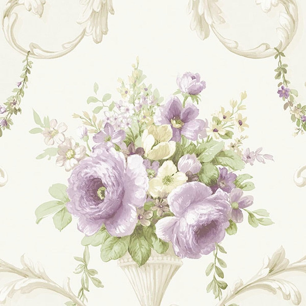 Silk Impressions 2, Contemporary Floral Cream, Violet Wallpaper Sample