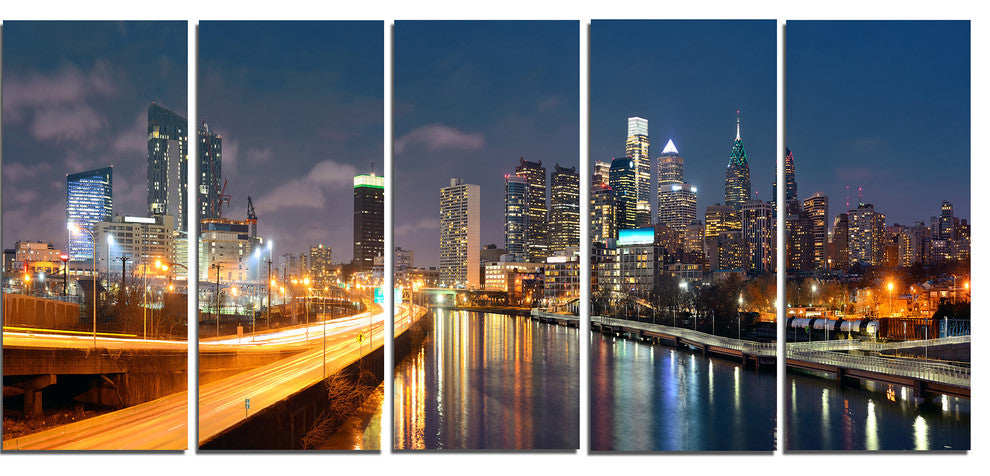 "Philadelphia Skyline at Night" Canvas Print60"x28", 5-Panels