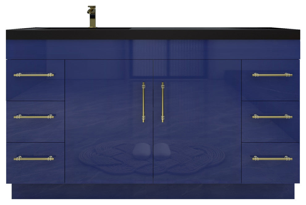 Rosa 60" Free Standing Modern Vanity, High Gloss Night Blue, Matt Black Top