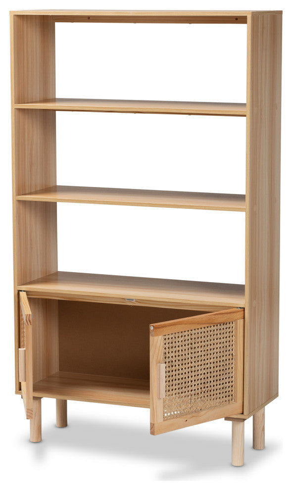 Saskia Mid-Century Modern Natural Brown Finished Wood and Rattan 2-Door Bookcase