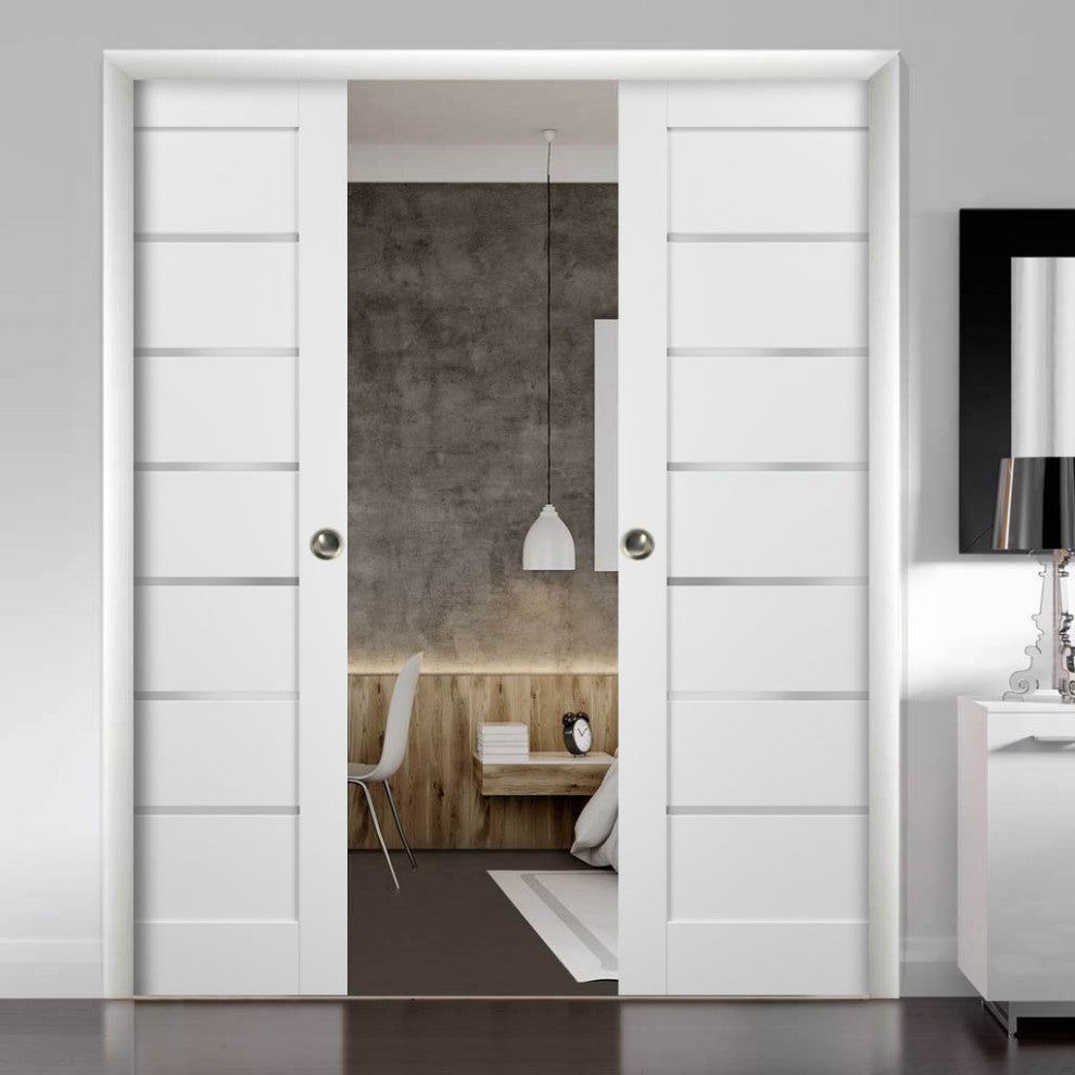 Double Pocket Doors 64x96|Frames|Quadro 4117 White Silk|Frosted Opaque Glass