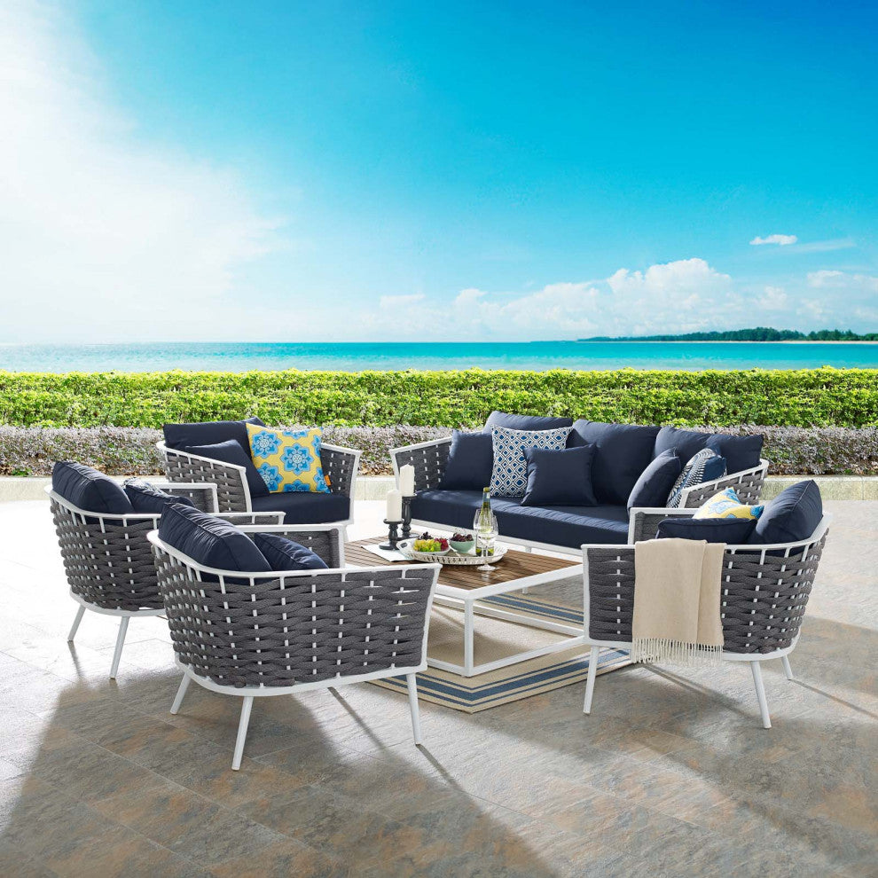 Modern Outdoor Sofa, Chair and Coffee Table Set, Aluminum Fabric, Navy White