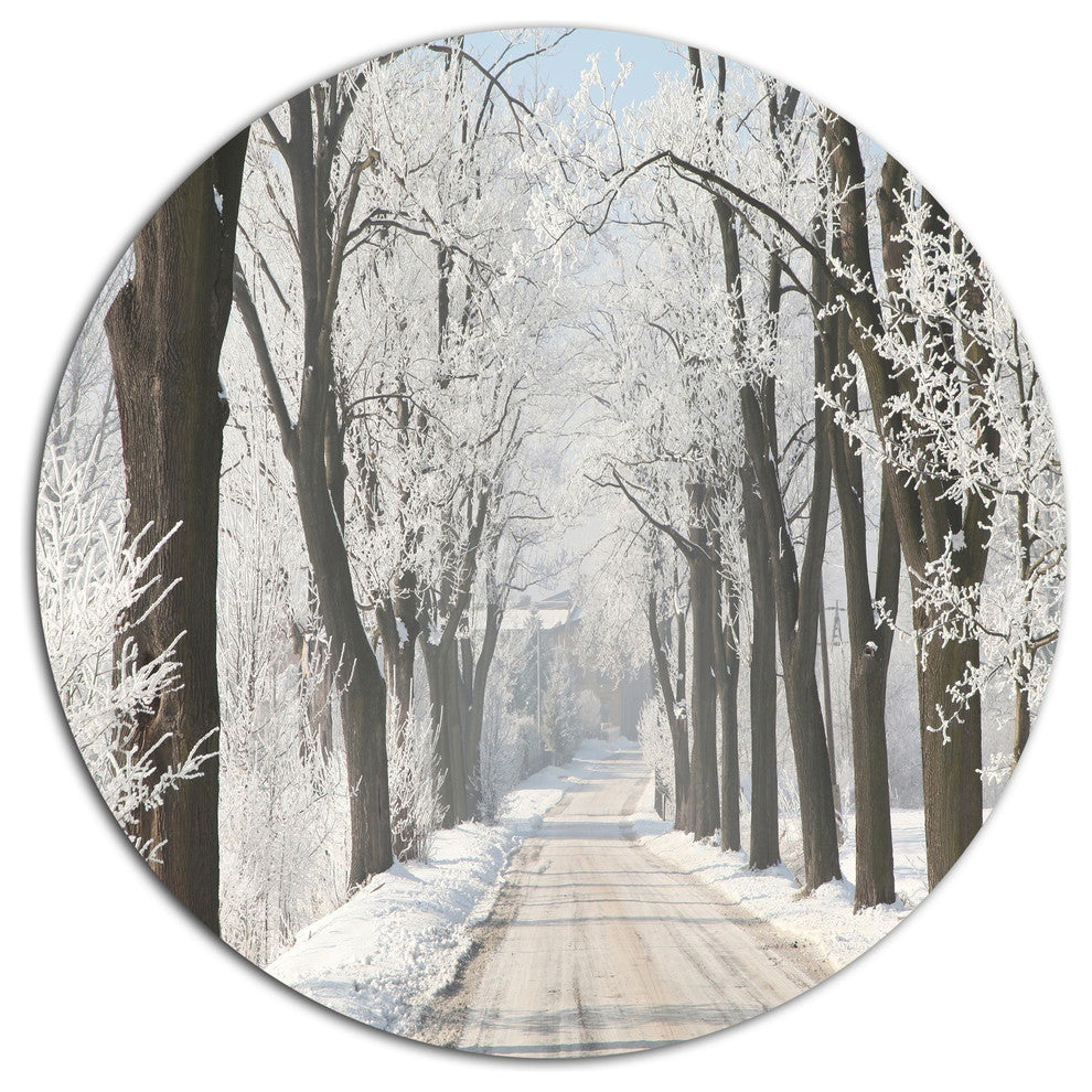 Winter Lane In Countryside, Forest Large Disc Metal Wall Art, 23"