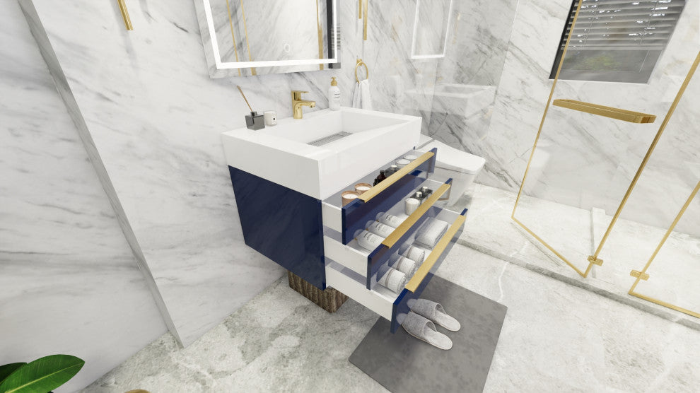 Madison 30" Wall Mounted Vanity with Reinforced Acrylic Sink, High Gloss Night Blue