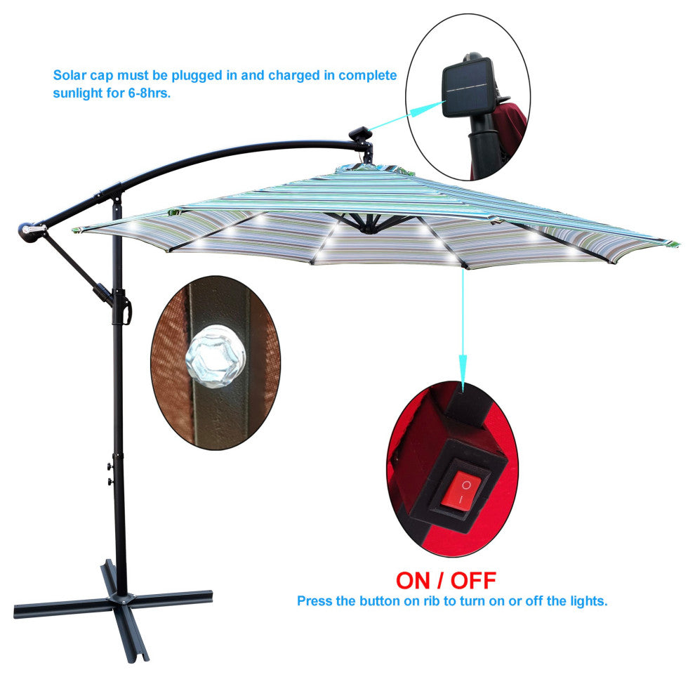 10' Steel Patio Umbrella Outdoor Market With Crank and LED Lights, Blue Striped