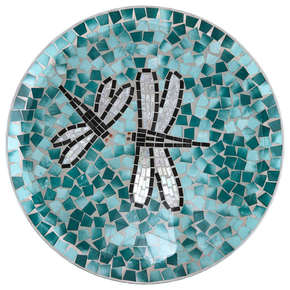 24" Tall Outdoor Mosaic Dragonfly Glass Birdbath Bowl with Metal Stand