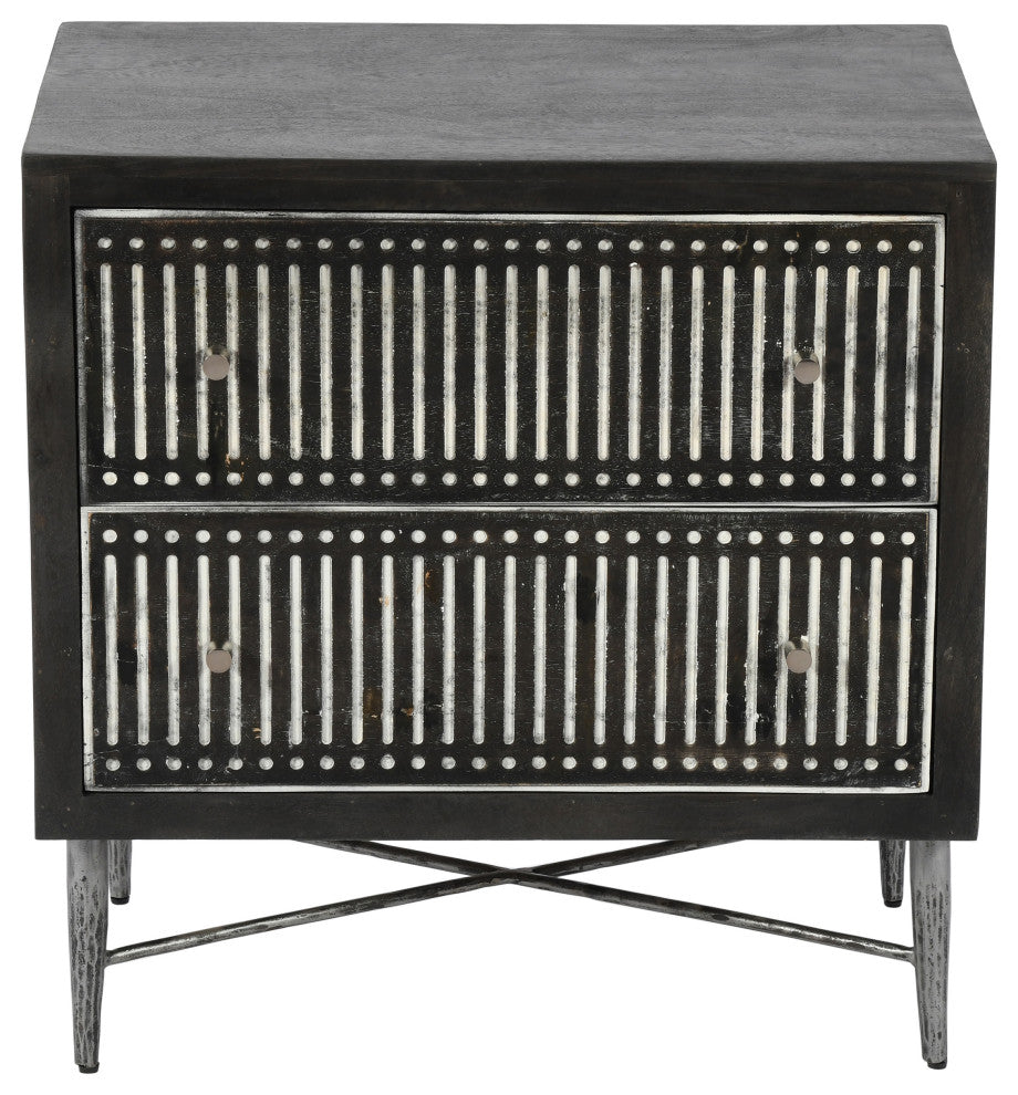 Sarah 2 Drawer Nightstand, Mango Solid Wood Antique Brown Finish on Iron Base