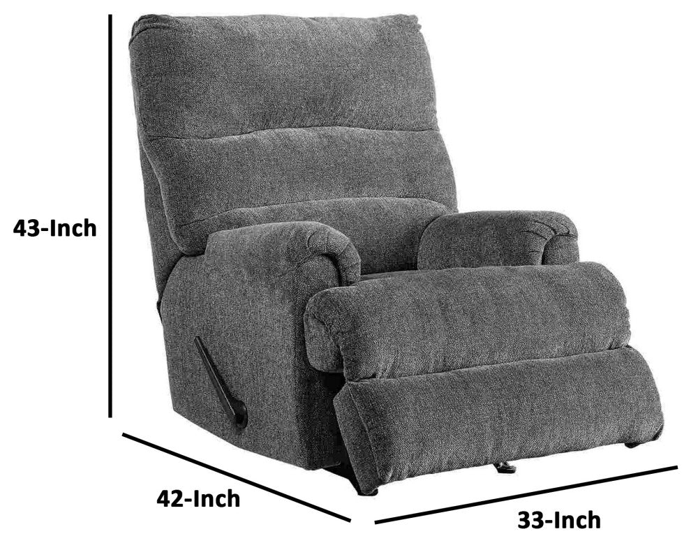Benzara BM262369 Manual Rocker Recliner With Fabric and Pull Lever, Gray