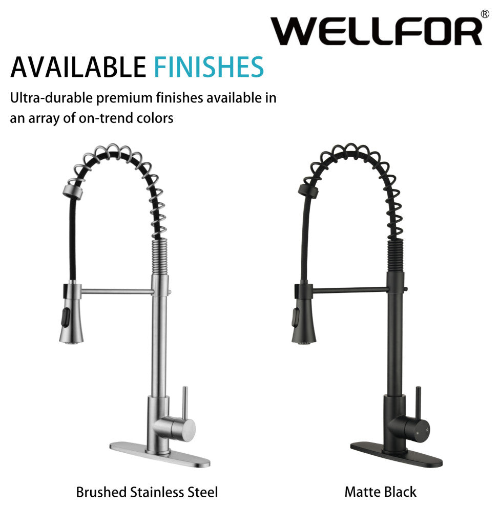 Wellfor Stainless Steel Pull Down Kitchen Faucet With Deck Plate, Matte Black