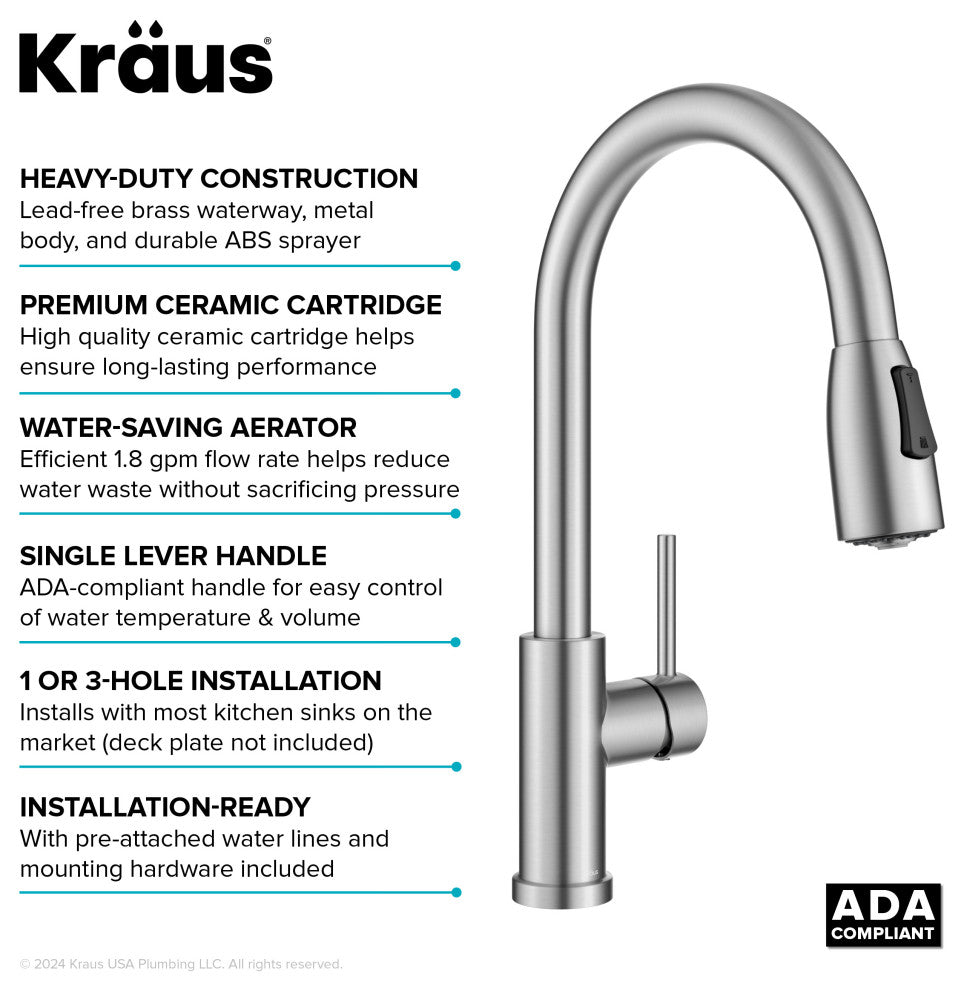 KRAUS Coda 2-Function 1-Handle Pull Down Kitchen Faucet Spot Free St Steel