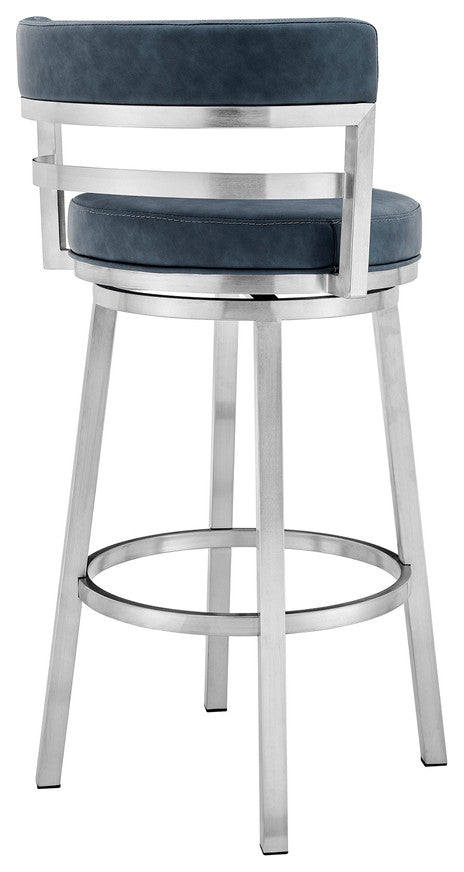 40" Blue Faux Leather And Iron Swivel Low Back Bar Height Chair