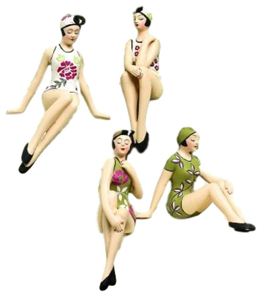 Retro Bathing Beauty Figurine 4pc Set 1920s Swim Suit Floral Tropical Print