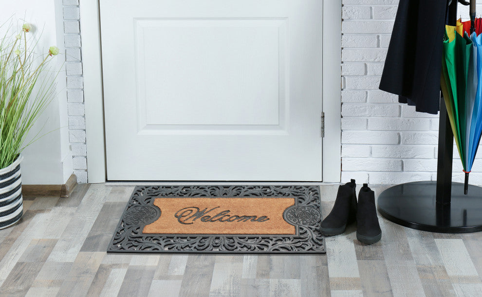 A1HC Welcome Floral Border Rubber and Coir Outdoor Doormat, 23"x38", Black