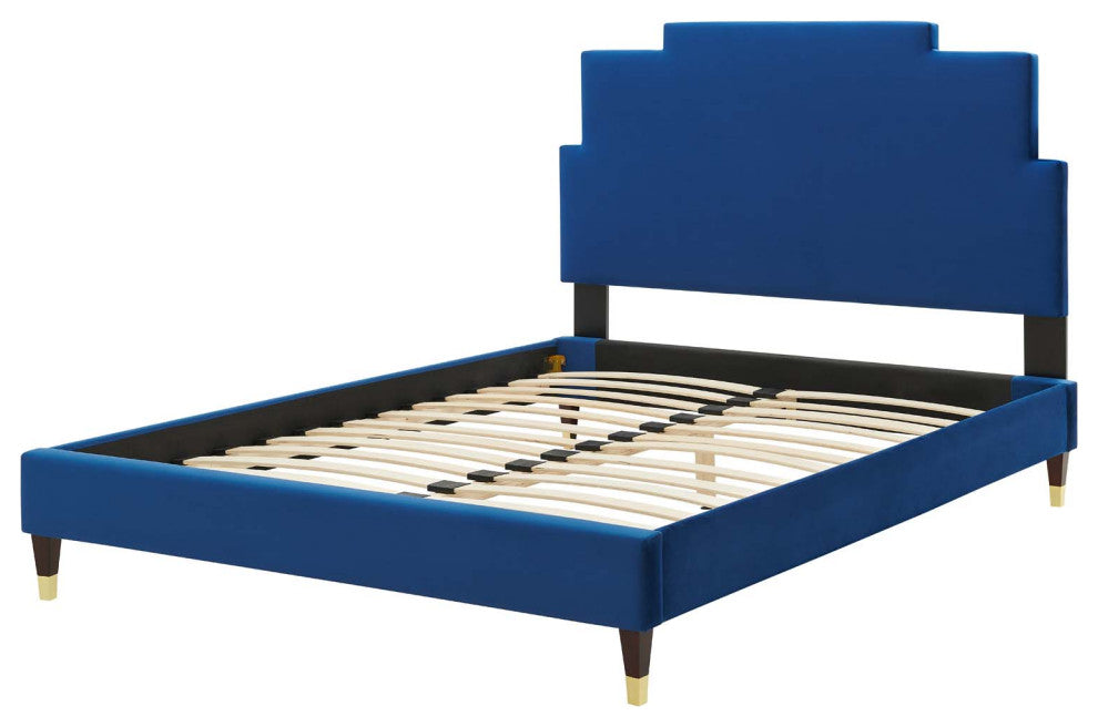 Platform Bed Frame, Queen Size, Velvet, Blue Navy, Modern Contemporary, Bedroom