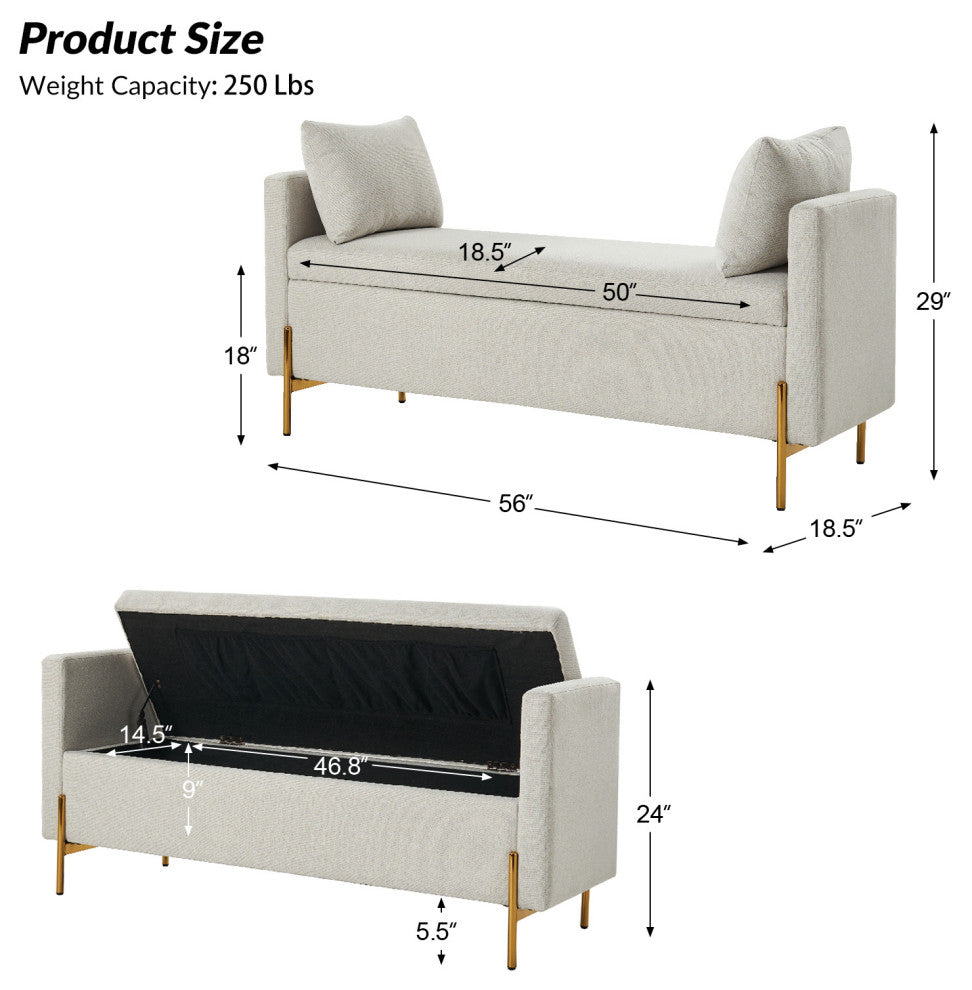 Upholstered Flip Top Storage Bench, Gray