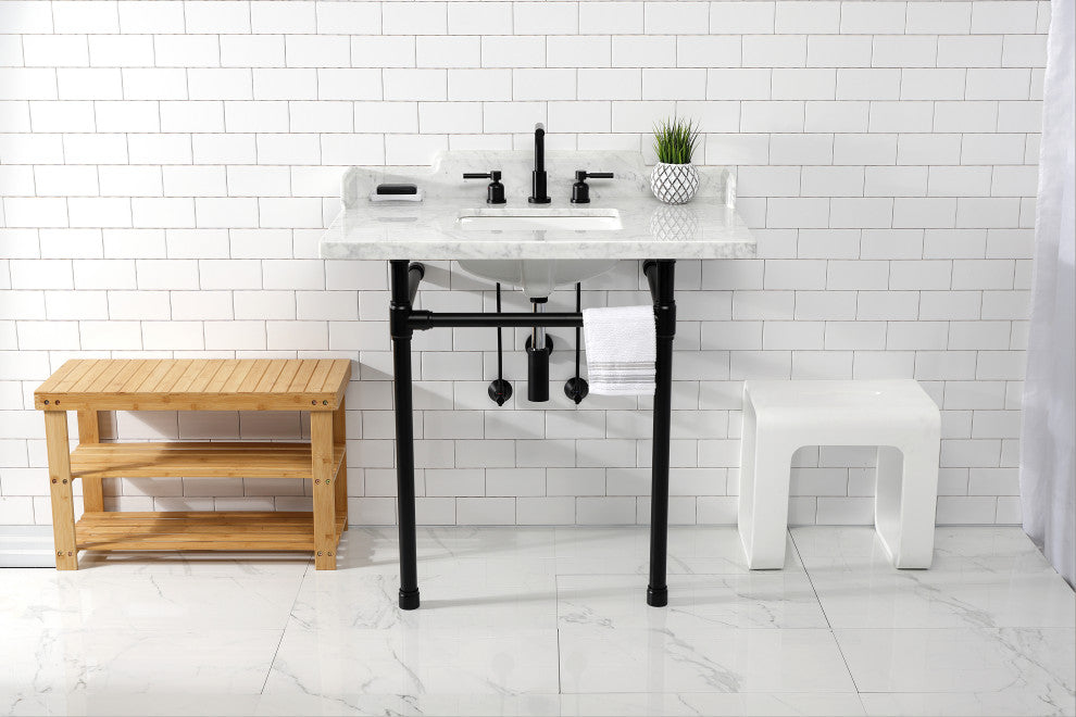 Kingston Brass LMS36M8SQ0ST 36" Carrara Marble Console Sink, Legs